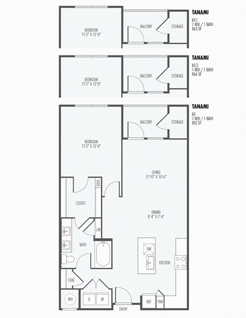 Floor plan for 1 bed, 1 bath, 855 sqft